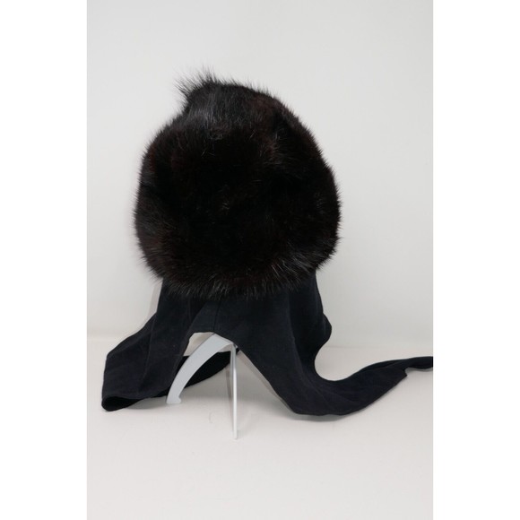 Canadian Hat Mfg Co 1980's Black Muskrat Fur Hat with Wool Scarf Ties - Picture 3 of 9